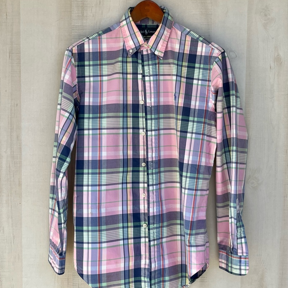 Ralph Lauren button down, men’s small. Blue, pink, green, white plaid.